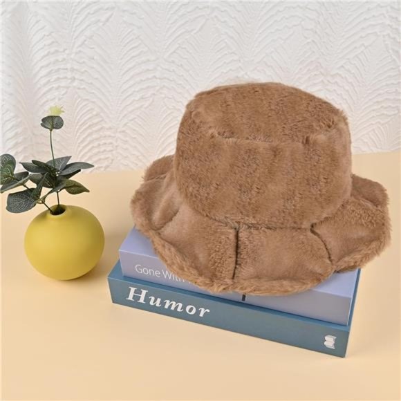 Women\'s Winter Faux Fur Plush Bucket Hat, Soft Ruffle Sweet Lotus Leaf Hat